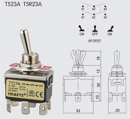 T523A DPDT On-Off-On Toggle Switch