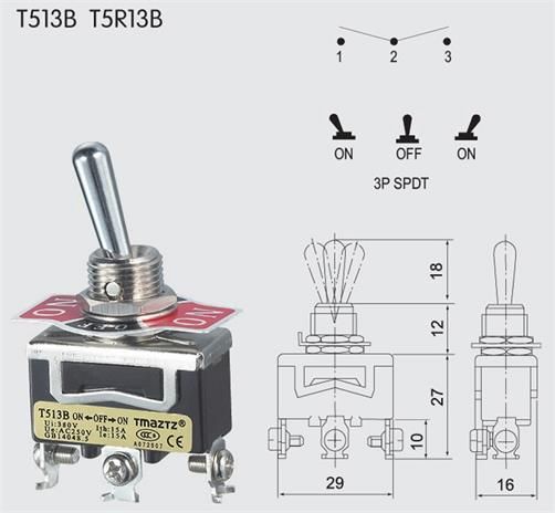T513B SPDT On-Off-On Toggle Switch