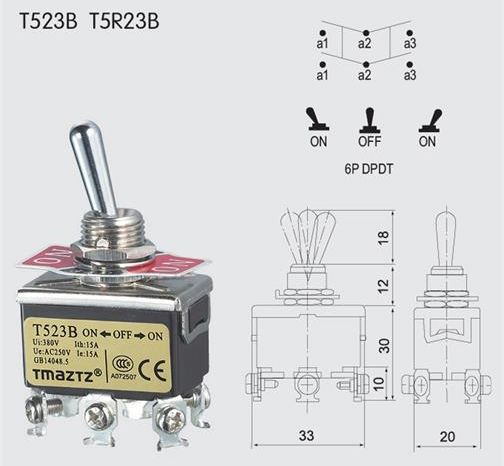 T523B DPDT On-Off-On Toggle Switch