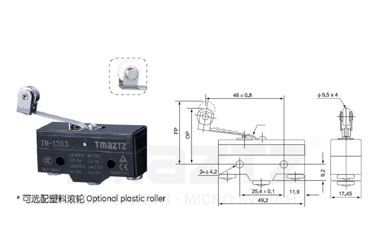 TM-1303 roller lever and pin plunger Micro Switch